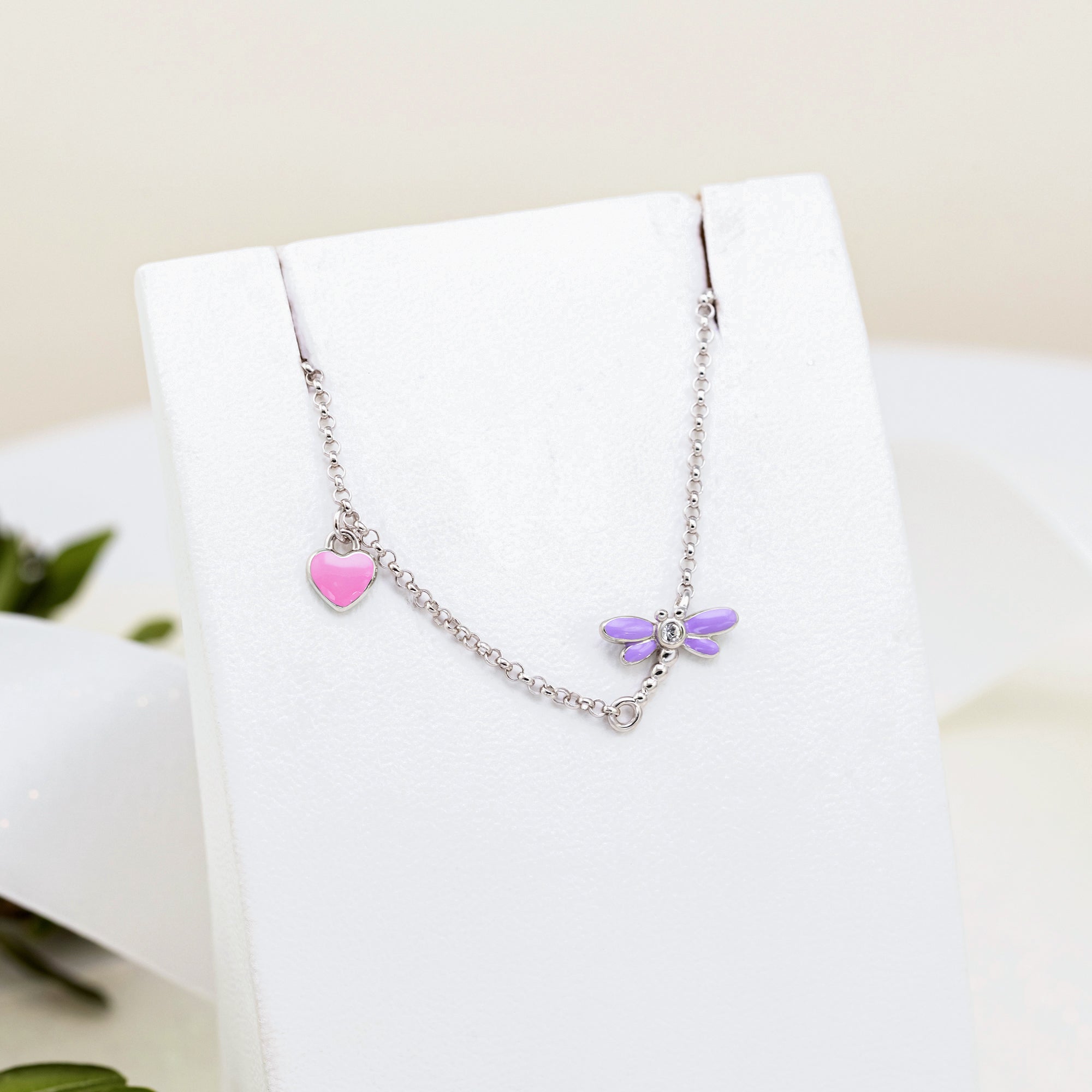 Bracelet on chain Dragonfly with violet, pink enamel and cubic zirconia - UmaUmi