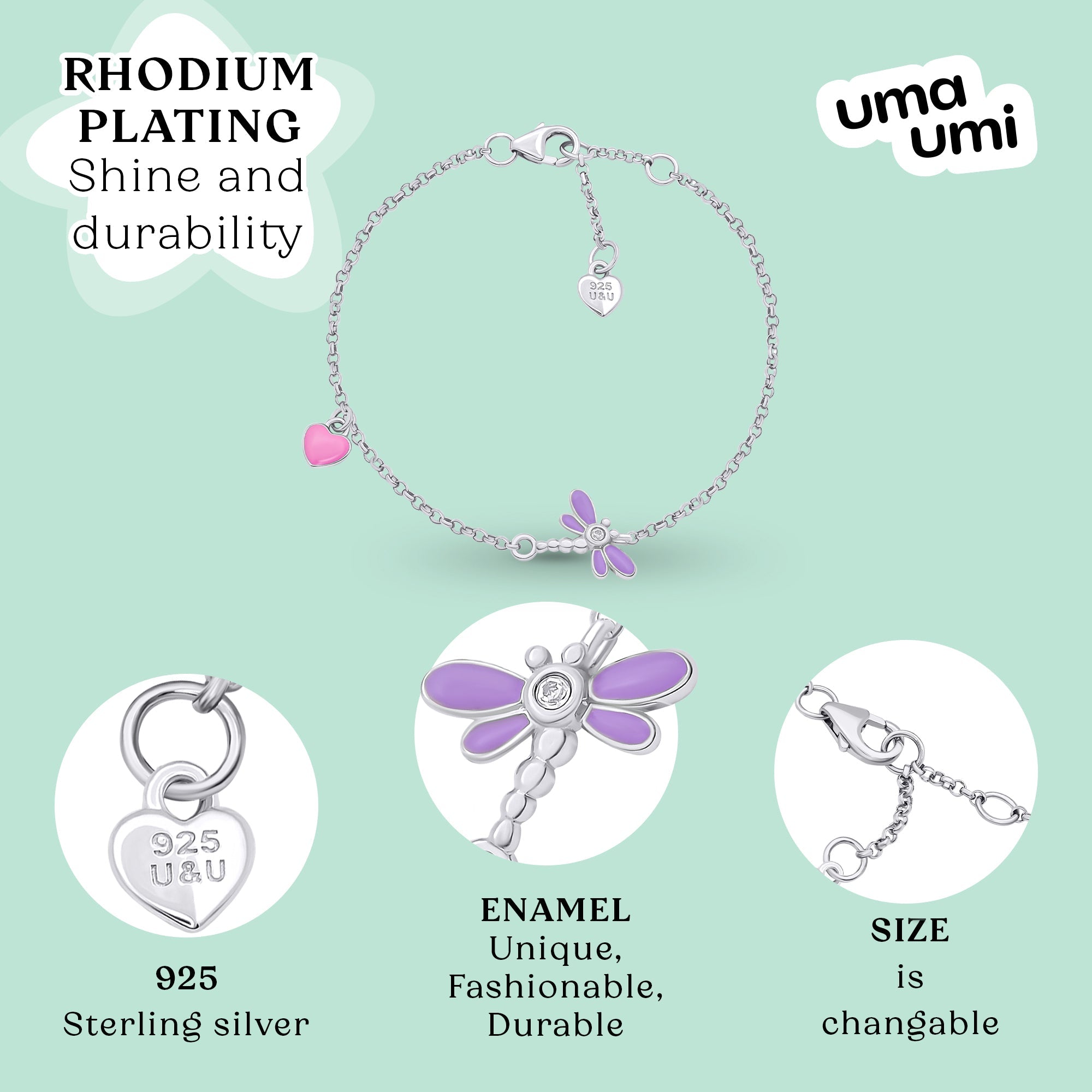 Bracelet on chain Dragonfly with violet, pink enamel and cubic zirconia - UmaUmi