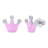 Earrings Crown with a Heart with pink enamel and Cubic Zirconia - UmaUmi