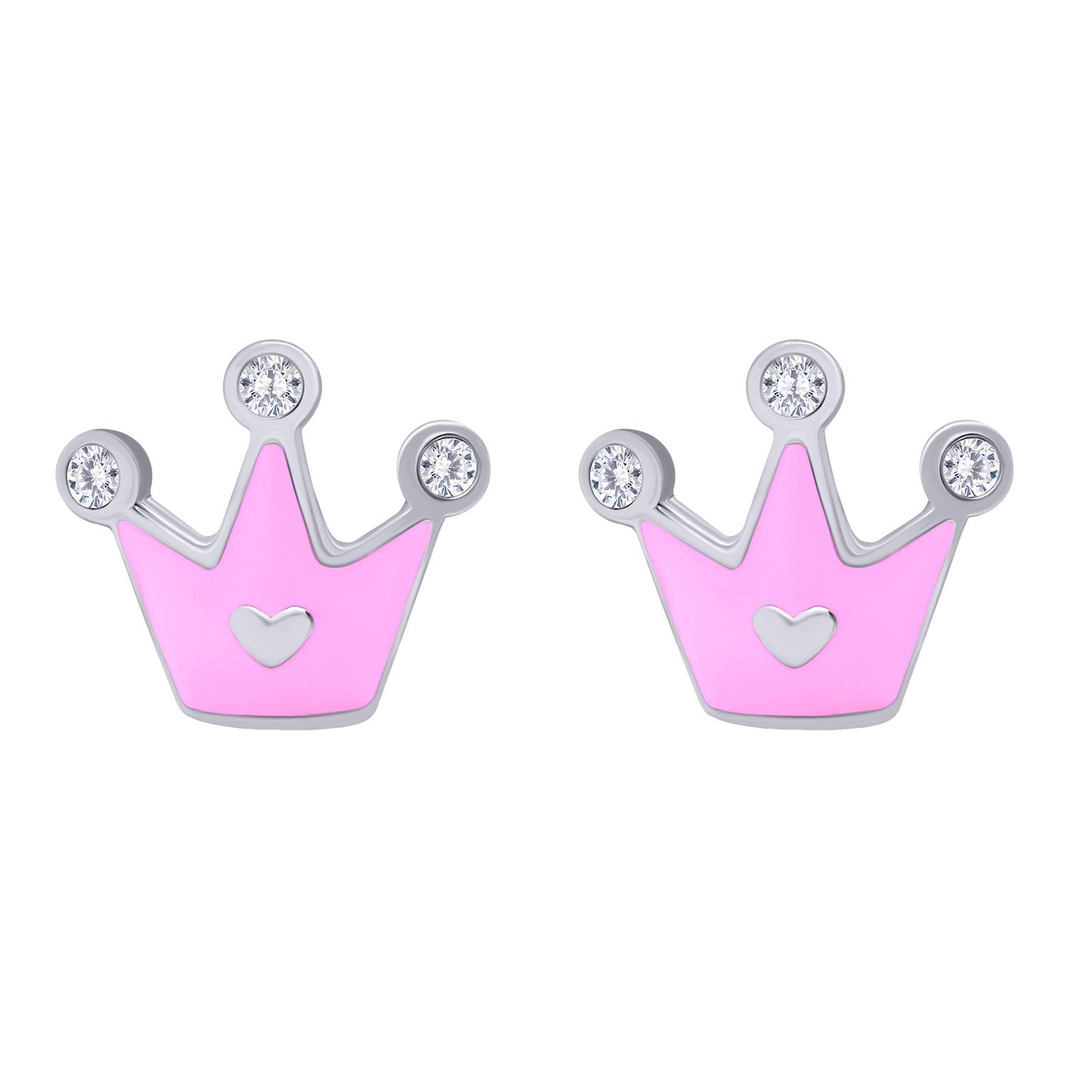 Earrings Crown with a Heart with pink enamel and Cubic Zirconia - UmaUmi