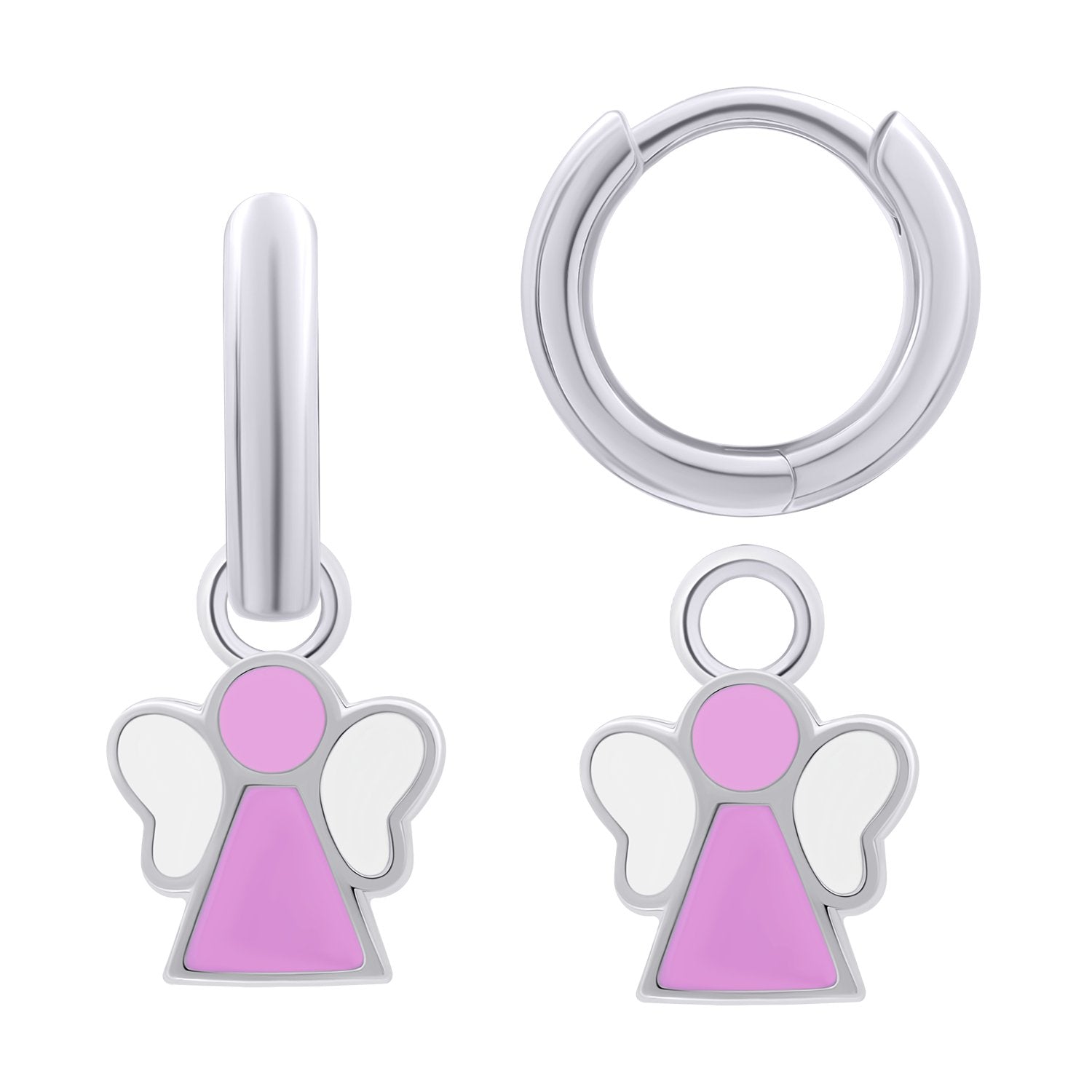 Earrings with pendants Angel with pink and white enamel, d 12 mm - UmaUmi