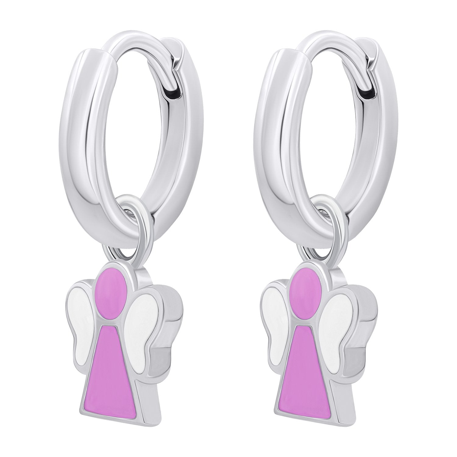 Earrings with pendants Angel with pink and white enamel, d 12 mm - UmaUmi