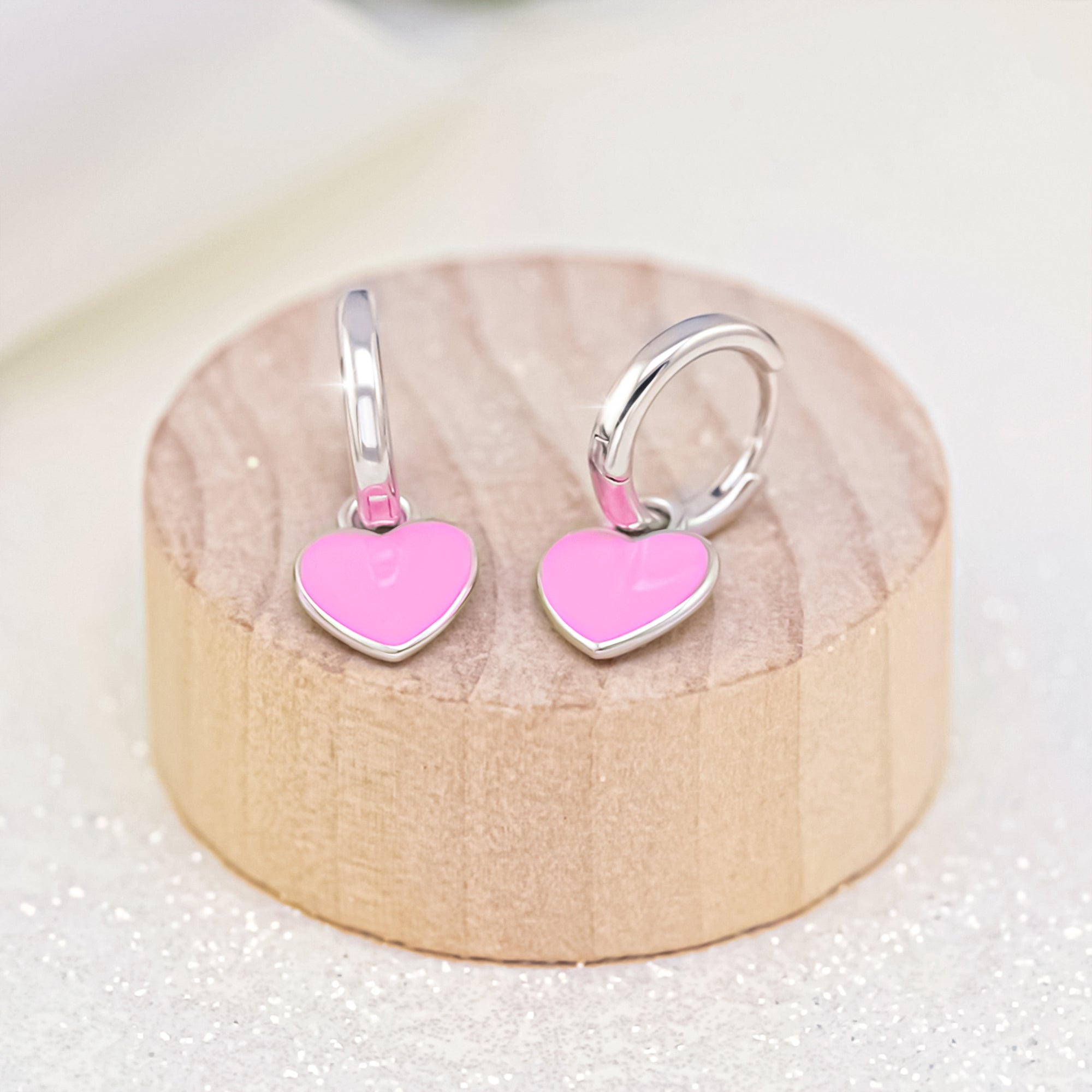 Earrings with pendants Heart with pink enamel, d 12 mm - UmaUmi