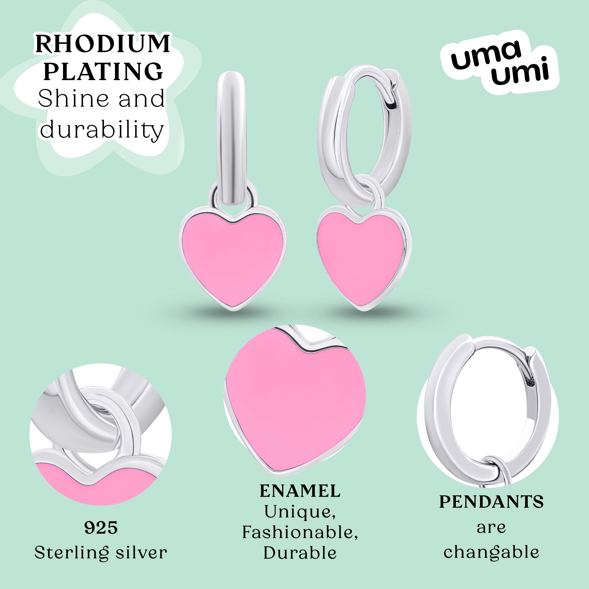 Earrings with pendants Heart with pink enamel, d 12 mm - UmaUmi