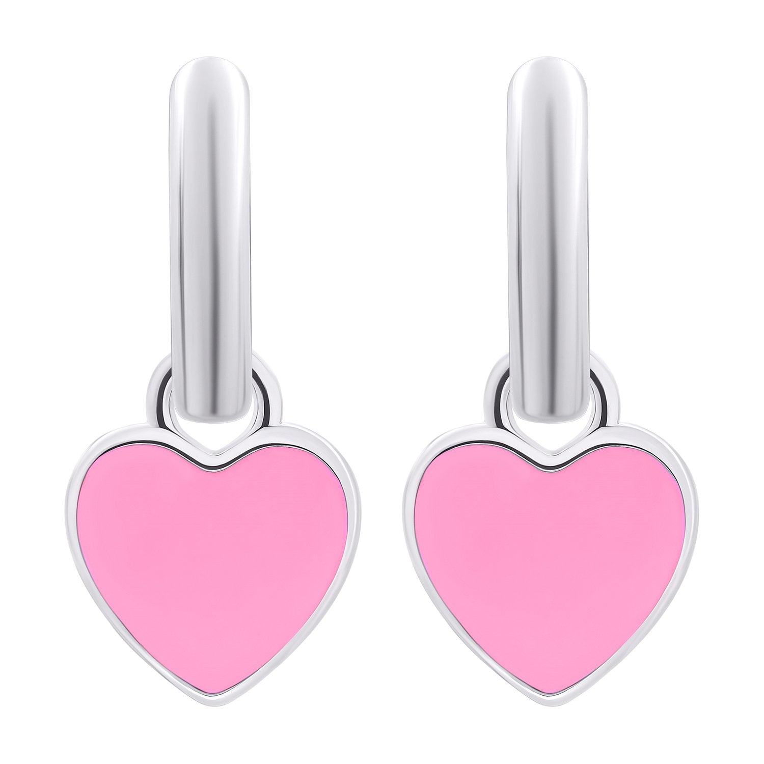 Earrings with pendants Heart with pink enamel, d 12 mm - UmaUmi