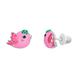 Stud earrings Birdie with pink and green enamel - UmaUmi