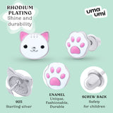 Stud earrings Cat with a Paw with white and pink enamel - UmaUmi