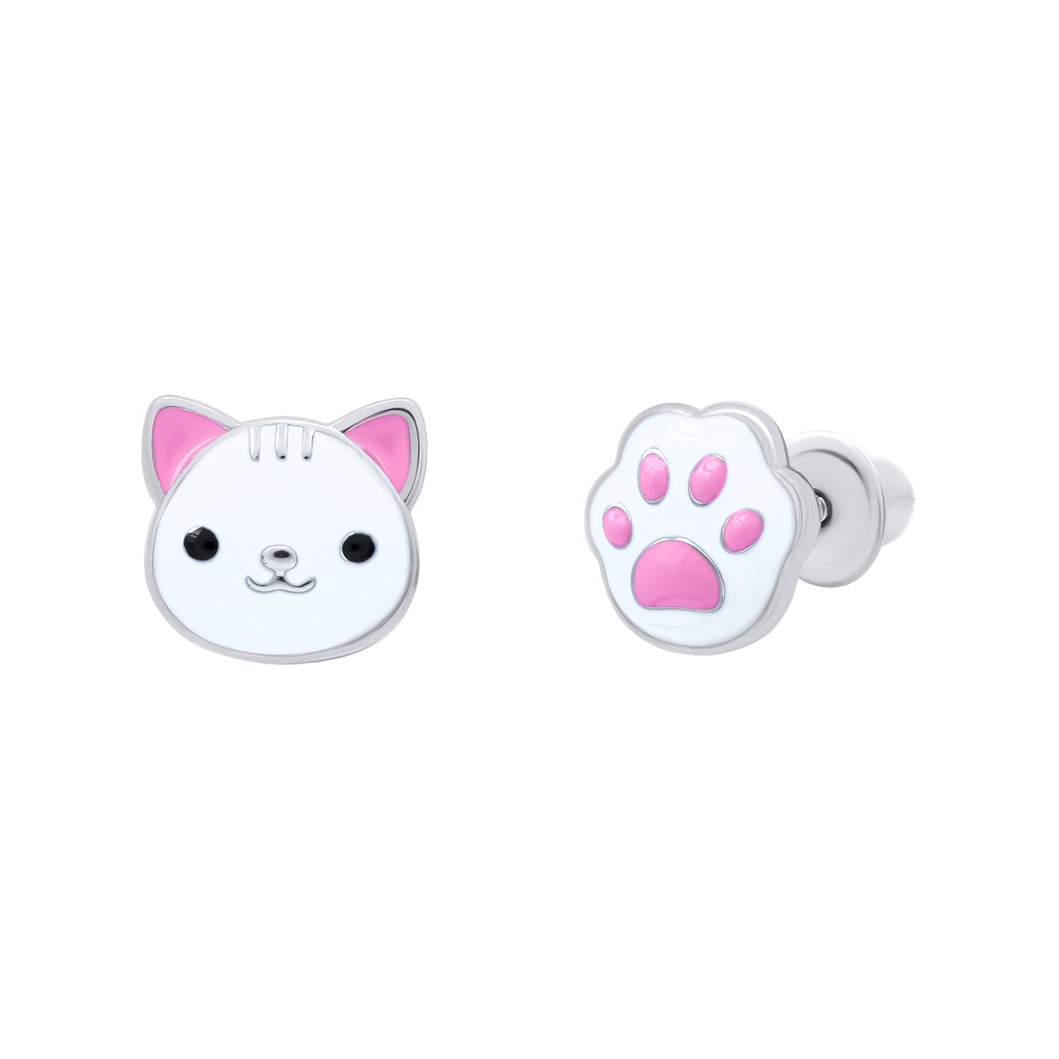 Stud earrings Cat with a Paw with white and pink enamel - UmaUmi