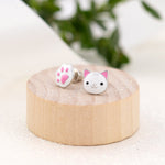 Stud earrings Cat with a Paw with white and pink enamel - UmaUmi