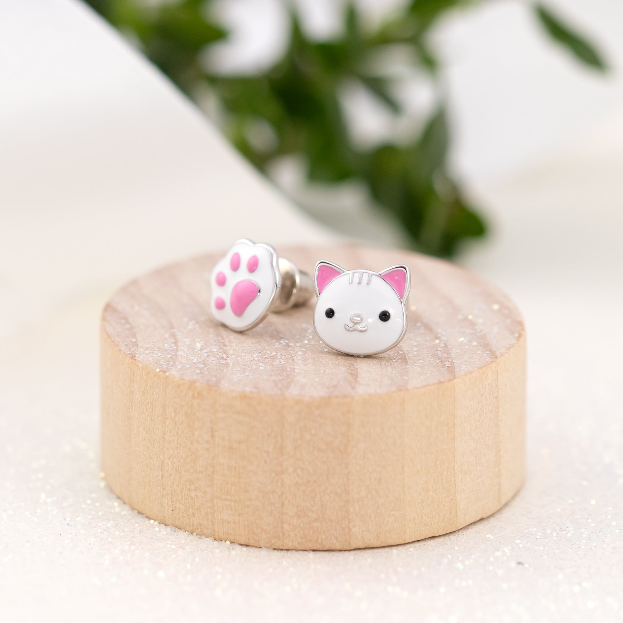 Stud earrings Cat with a Paw with white and pink enamel - UmaUmi