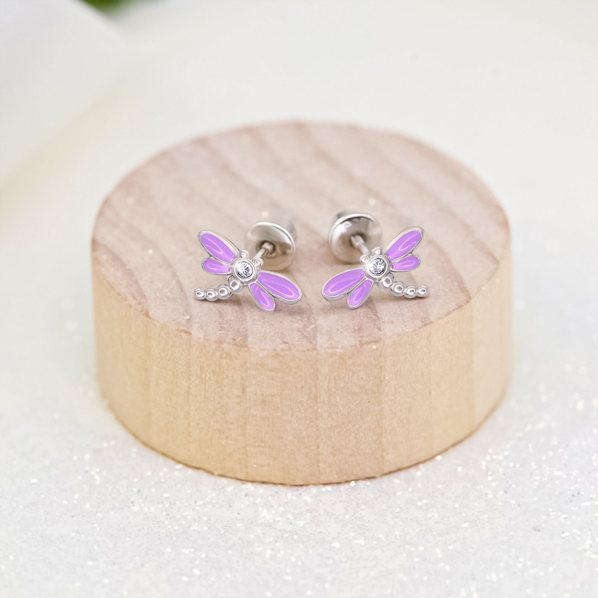 Stud earrings Dragonfly with violet enamel and cubic zirconia - UmaUmi