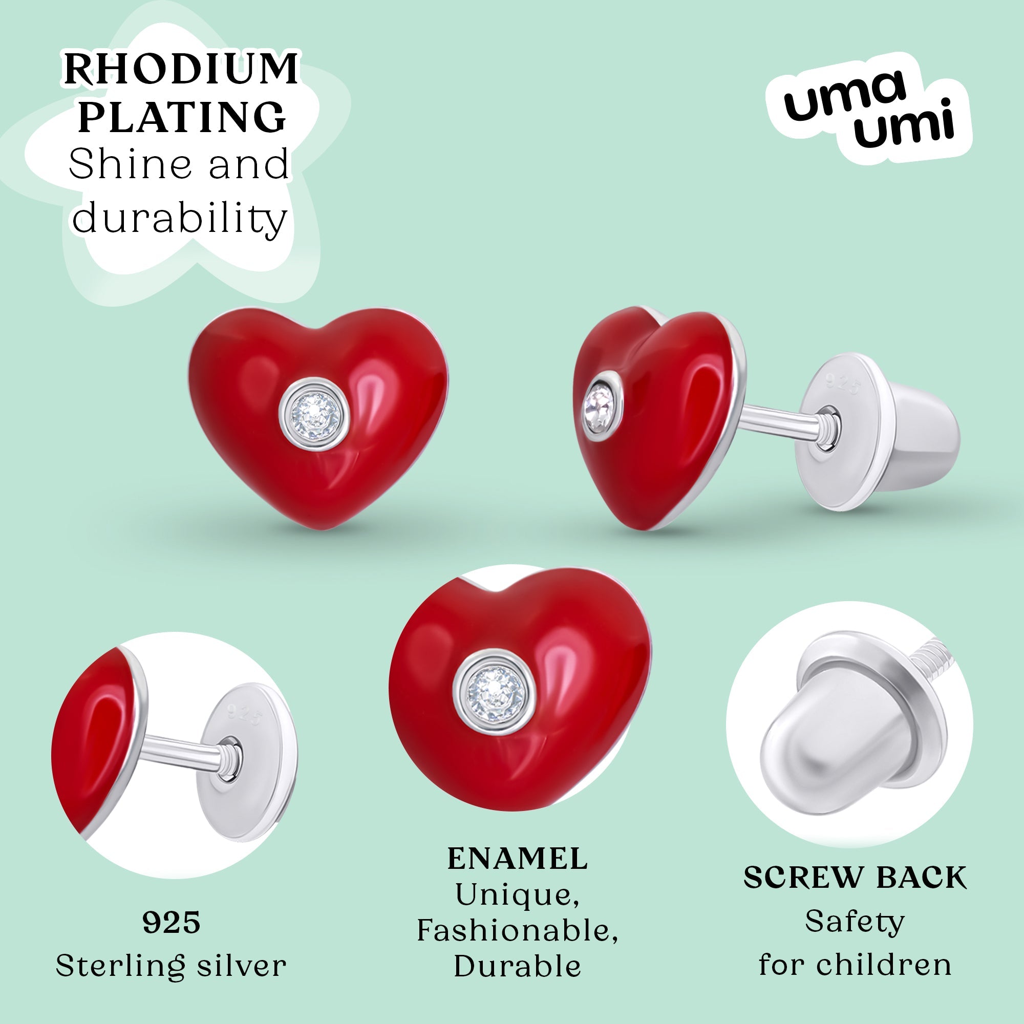 Stud earrings Heart with red enamel and cubic zirconia - UmaUmi