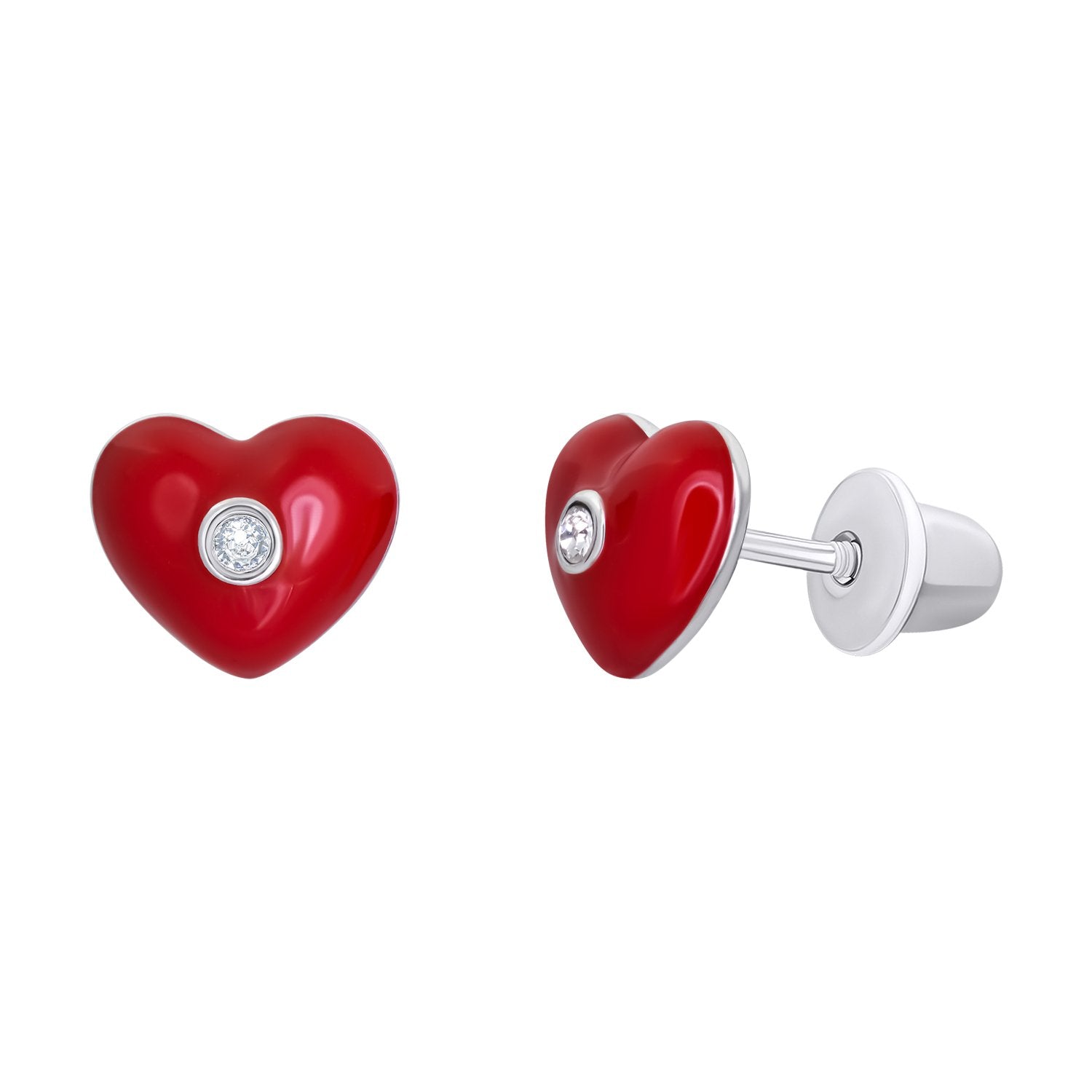 Stud earrings Heart with red enamel and cubic zirconia - UmaUmi