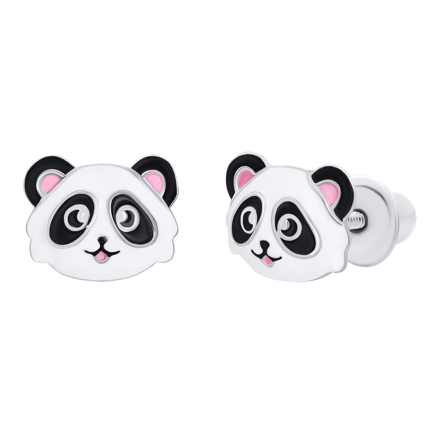 Stud earrings Panda with white - black and pink enamel - UmaUmi