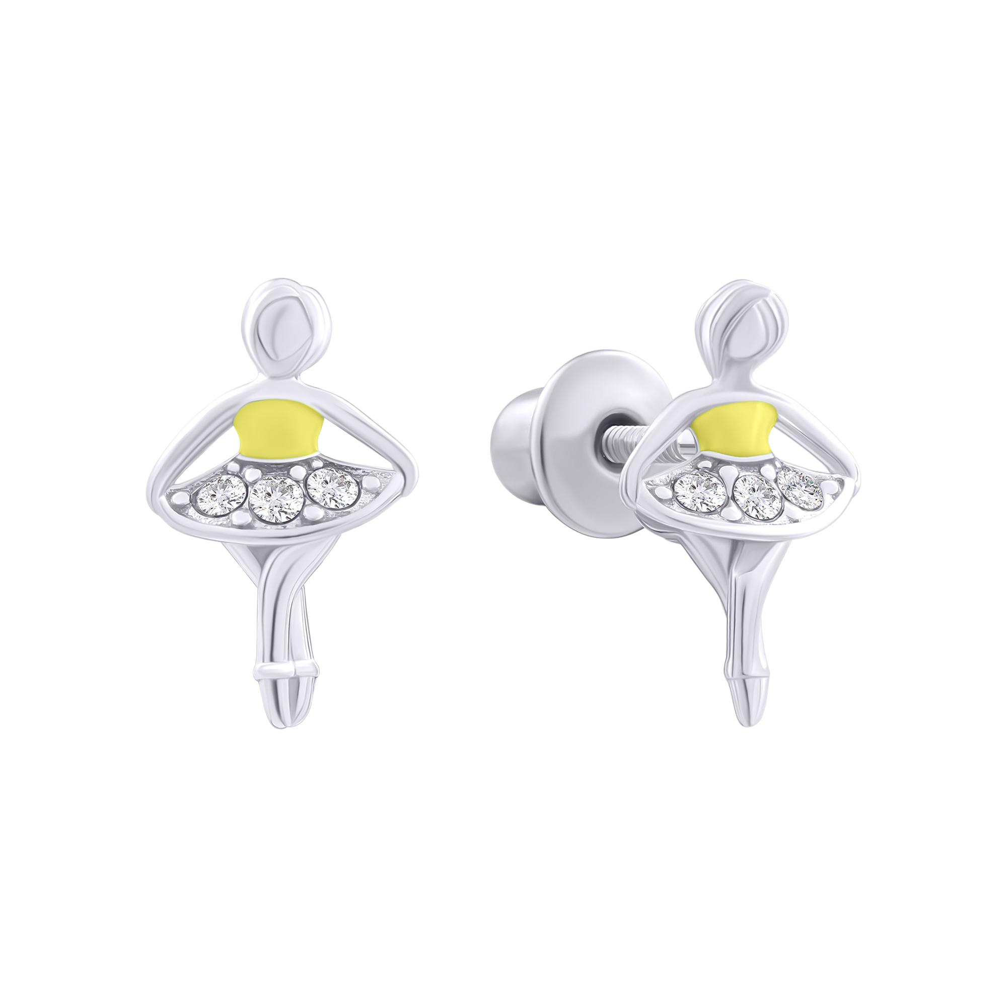 Stud earrings Ballerina with yellow enamel and Cubic Zirconia