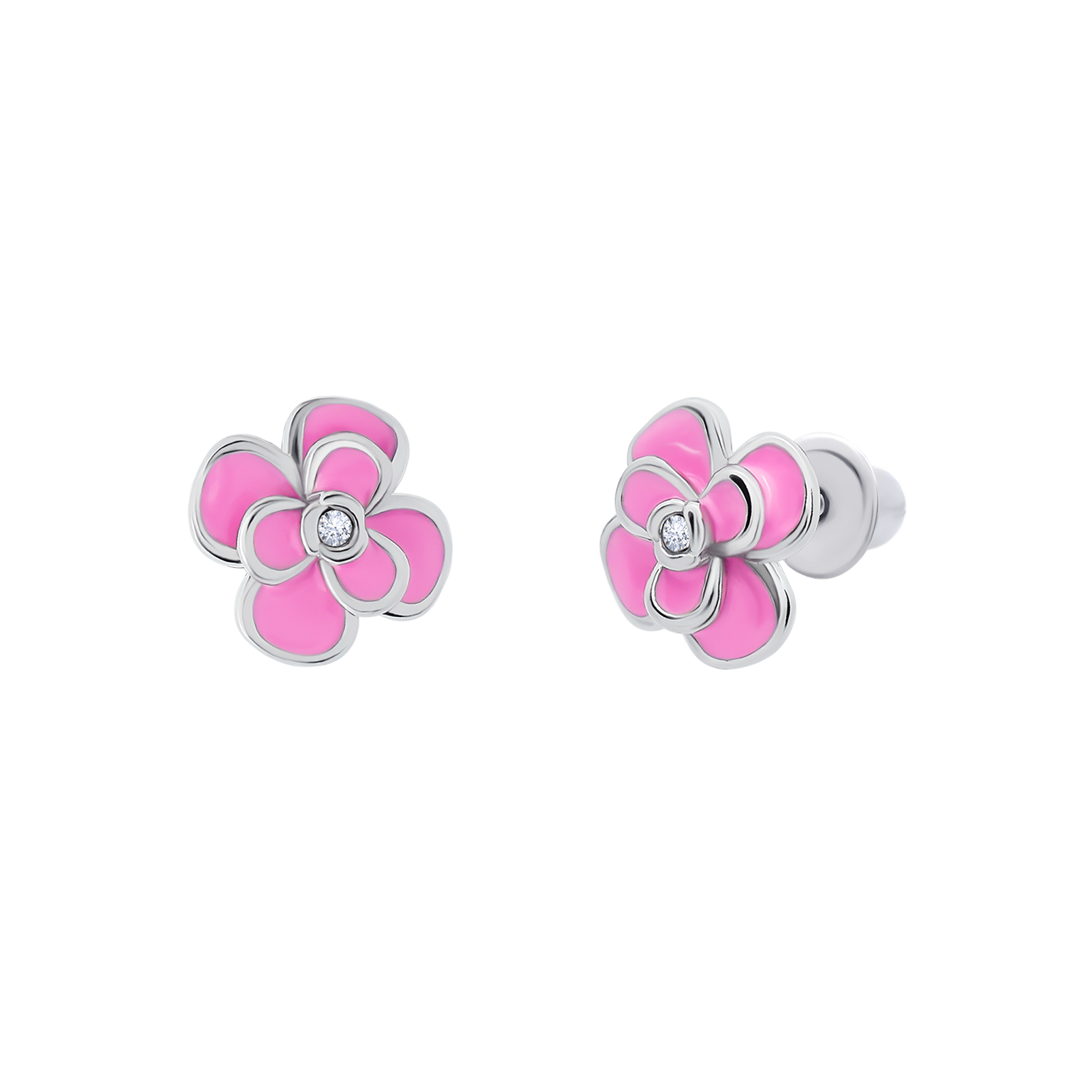 Earrings Peony with pink enamel and Cubic Zirconia