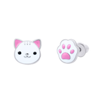 Kolczyki sztyfty Kotek z łapką z białą i różową emalią