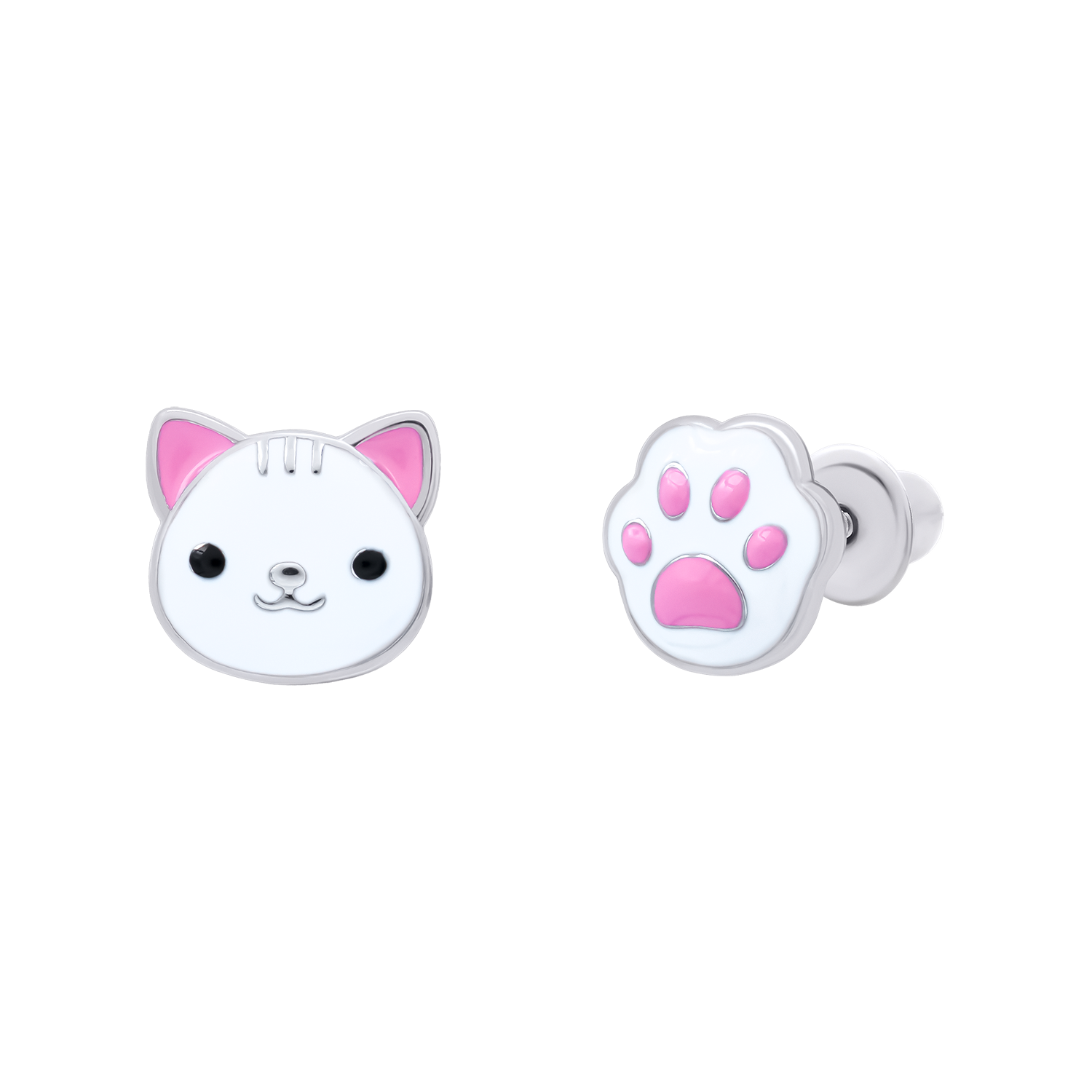 Сережки-пусети Котик з лапкою з білою та рожевою емаллю