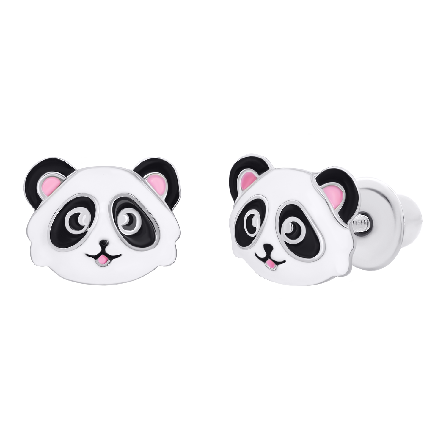 Stud earrings Panda with white-black and pink enamel