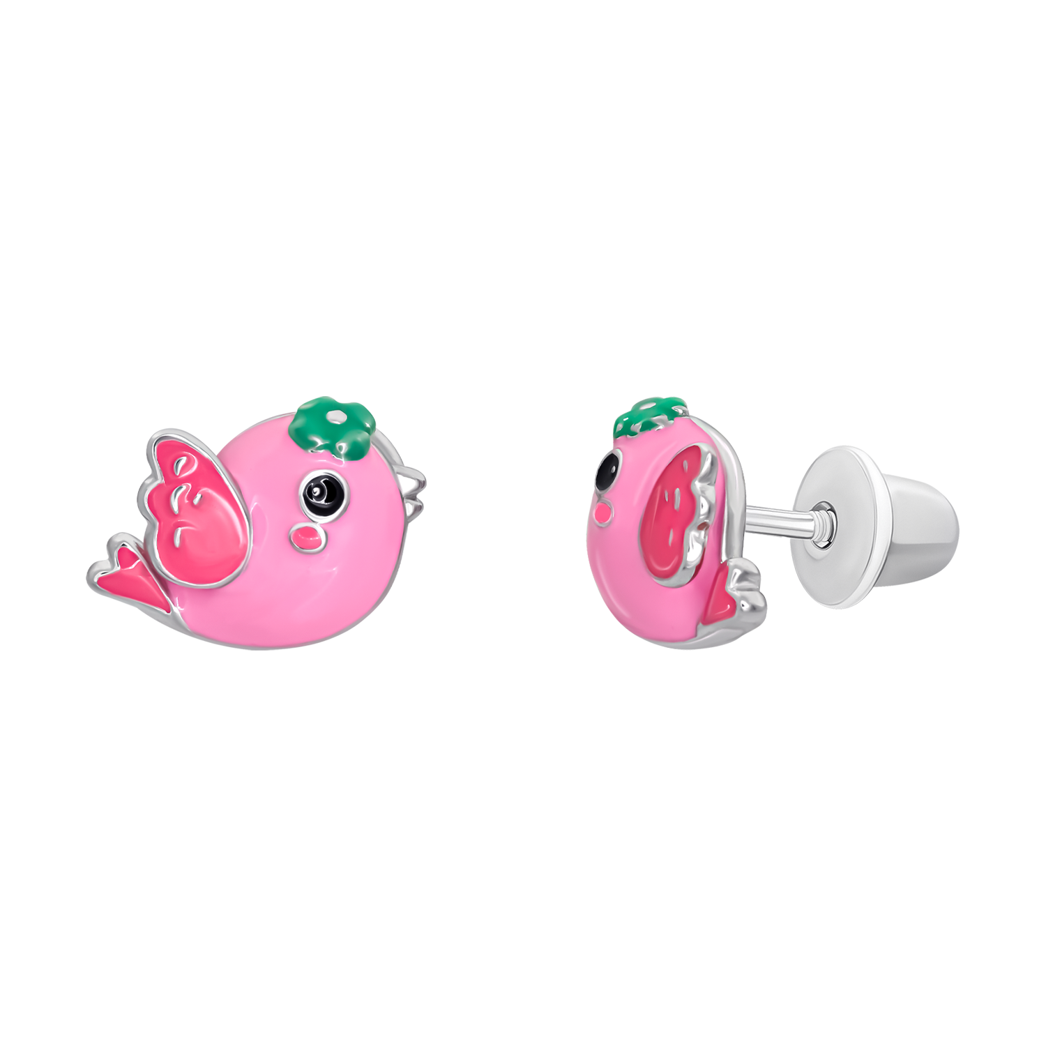 Βιδωτά-σκουλαρίκια Πουλάκι με ροζ και πράσινο σμάλτο
