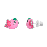 Сережки-пуссеты Птичка с розовой и зеленой эмалью