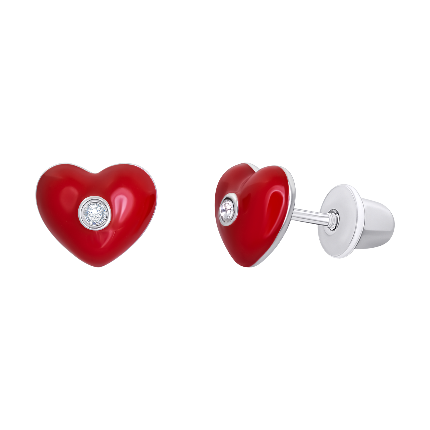Stud earrings Heart with red enamel and cubic zirconia