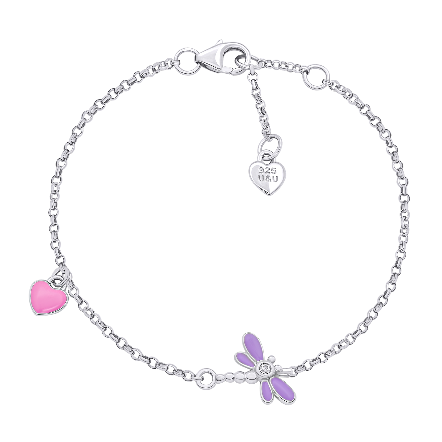 Bracelet on chain Dragonfly with violet, pink enamel and cubic zirconia