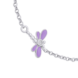 Pulsera en una cadena Libélula con esmalte violeta, rosa y circonita cúbica