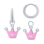 Earrings with pendants Crown with a Heart with pink enamel and Cubic Zirconia, d 12 mm