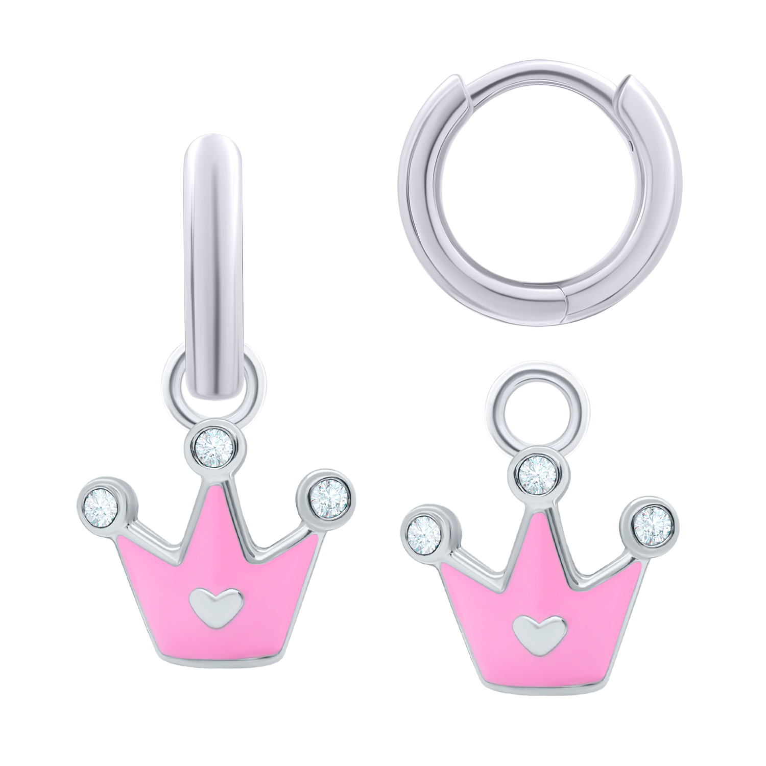 Earrings with pendants Crown with a Heart with pink enamel and Cubic Zirconia, d 12 mm
