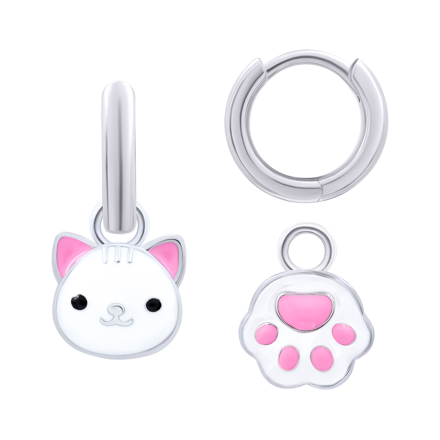 Earrings with pendants White Cat with a Paw, d 12 mm
