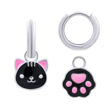 Earrings with pendants Cat with a Paw with black and pink enamel, d 12 mm
