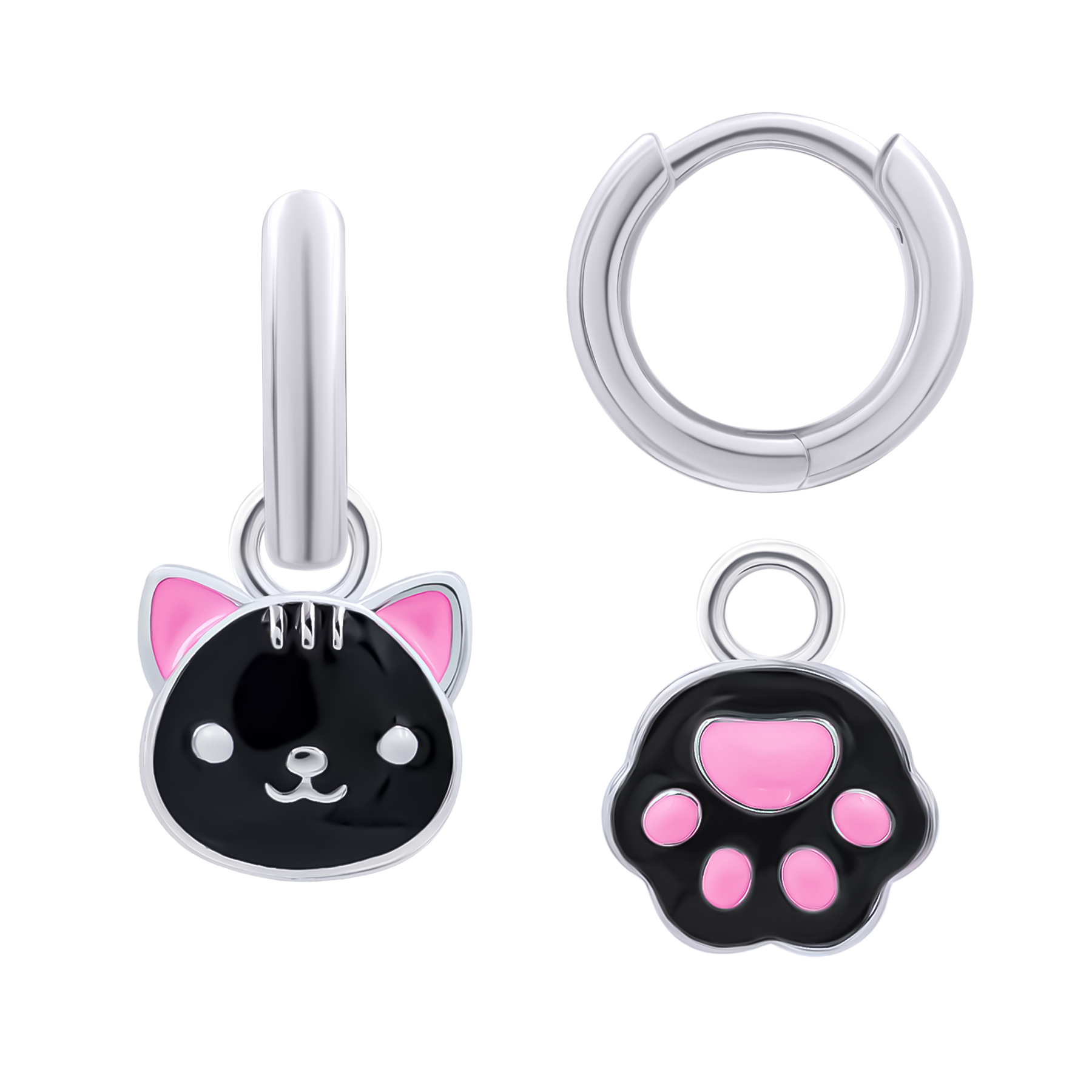 Earrings with pendants Cat with a Paw with black and pink enamel, d 12 mm