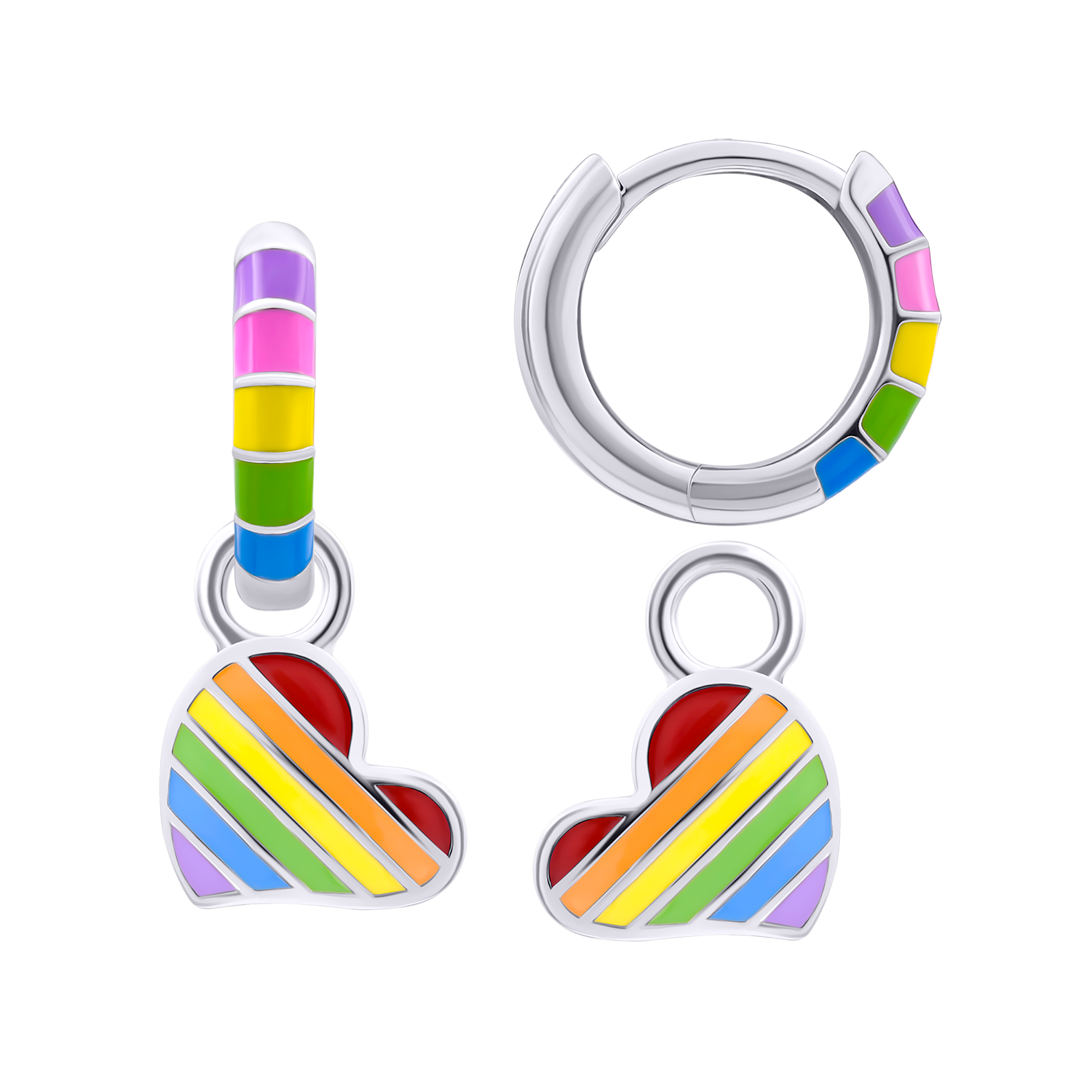 Rainbow earrings with pendants Colored Heart, d 12 mm
