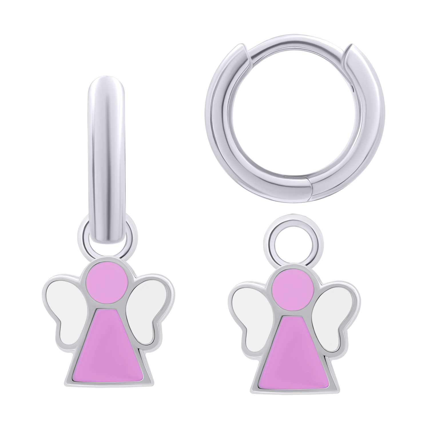 Earrings with pendants Angel with pink and white enamel, d 12 mm